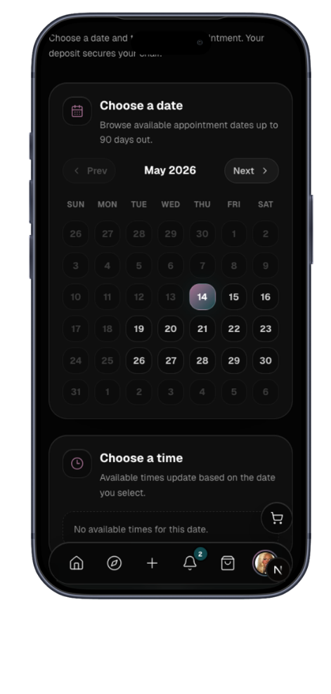 DOUS appointment booking calendar inside an iPhone frame