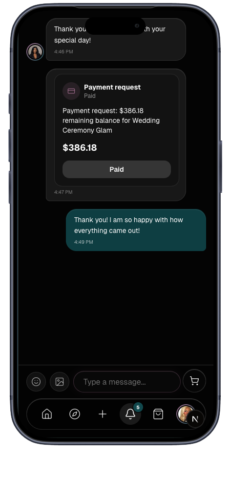 DOUS messaging and payment request screen inside an iPhone frame