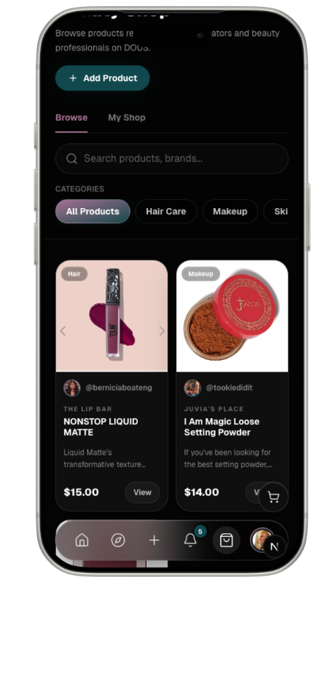 DOUS shopping and product discovery screen inside an iPhone frame